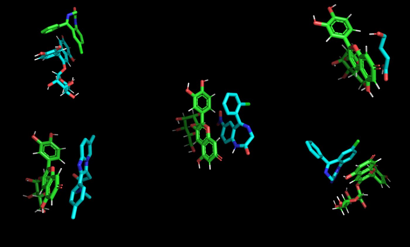 Docked poses of cyanidin-3-glucoside with five spiking drugs