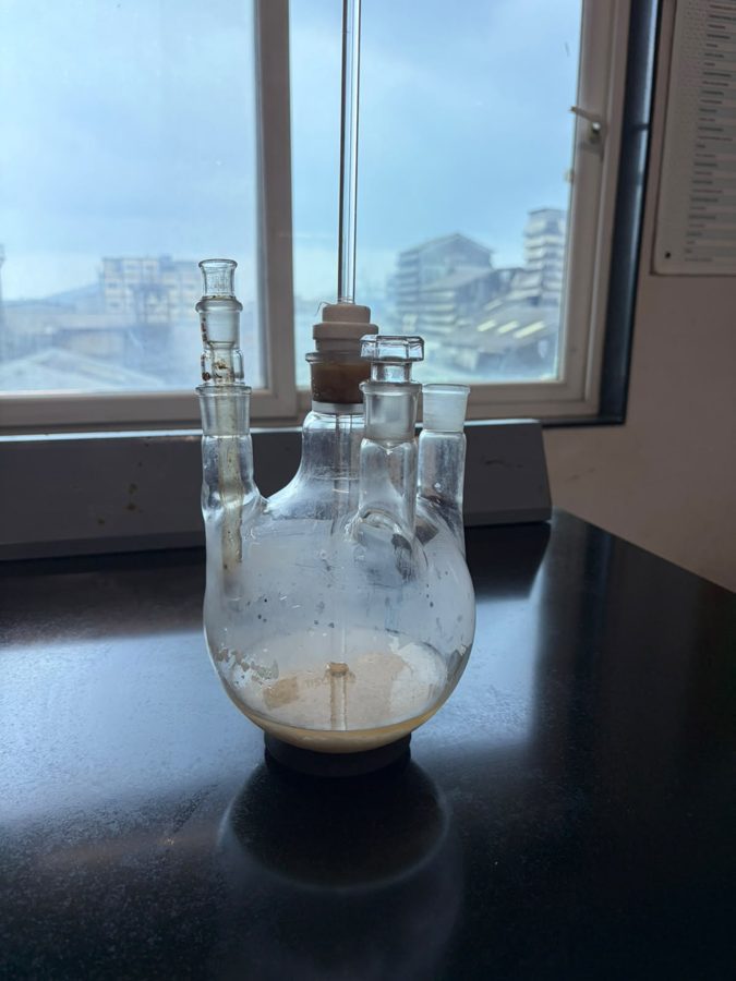 Round-bottom flask during crystallisation